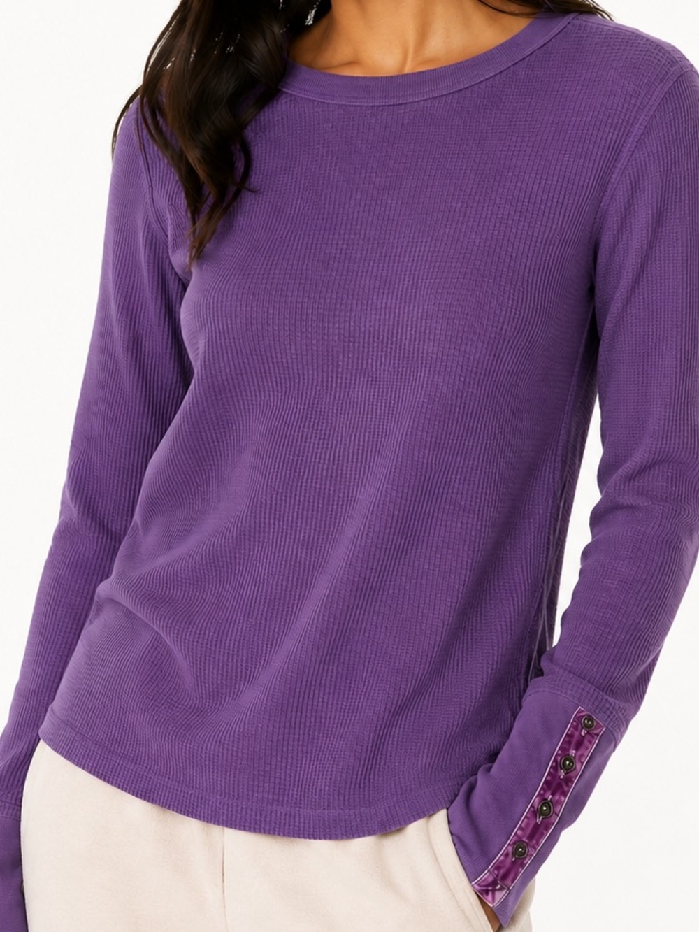 Sundance Waffle Knit Long Sleeve Top Purple Velvet Trim Button Cuffs Medium